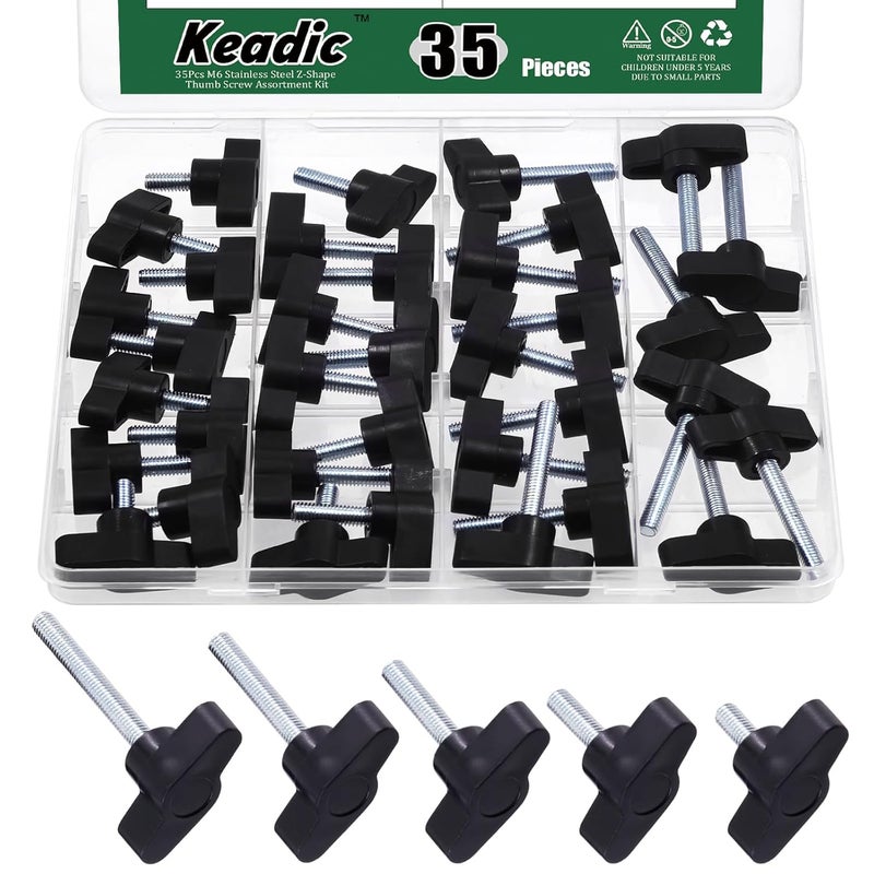 Keadic 35 Pcs M6 5 Sizes Clamping Screw Knob Thumb Screws Assortment Set Carbon Steel 36# Threaded Knurled Thumbscrew Screw on Tee Wing Plastic Knob-M6 x [13-50] mm - Image 1